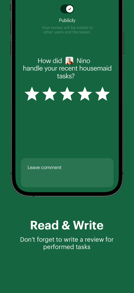 The Profy app interface for providing a five star rating and feedback for a housemaid service.