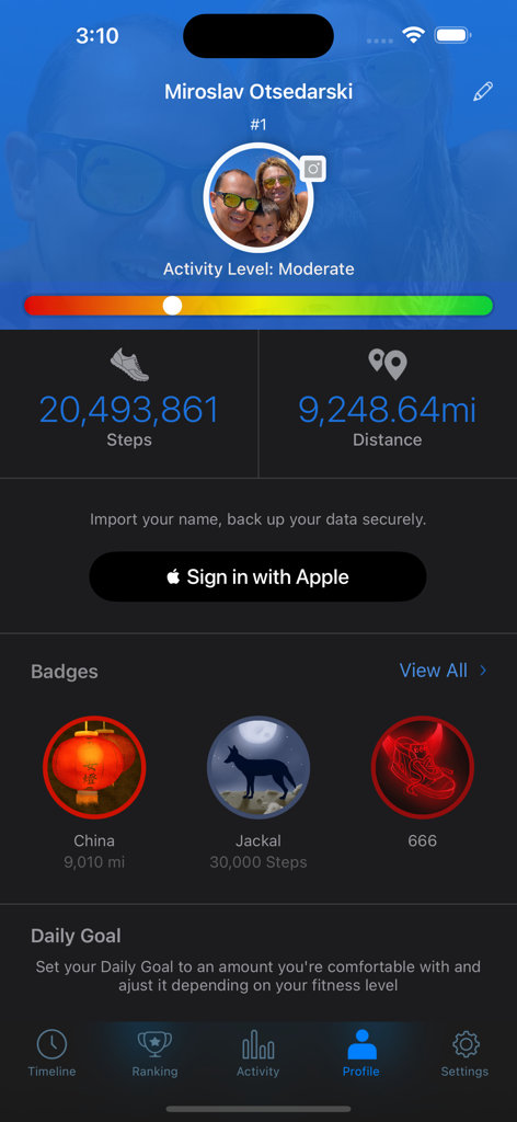 Outwalk - Outwalk app profile screen showing a user's total steps, distance, activity level, and unlockable badges.