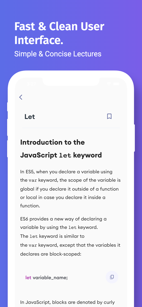 Screenshot of the Learn JavaScript Development app showing a concise lecture on the let keyword with a clean user interface