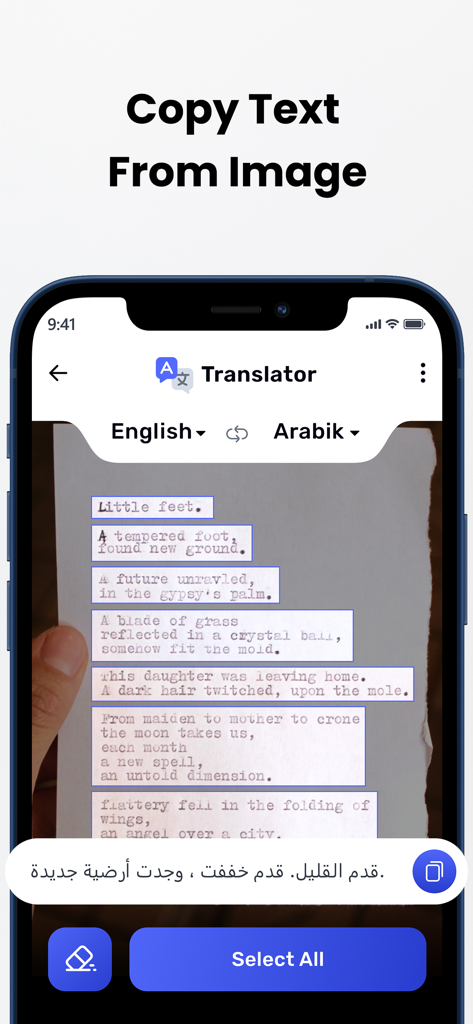 Translate - All Language - Mobile app interface showing the copy text from image feature with English to Arabic translation