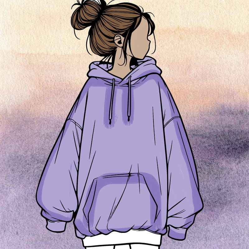 realistic girl with a oversized sweatshirt on and a bun