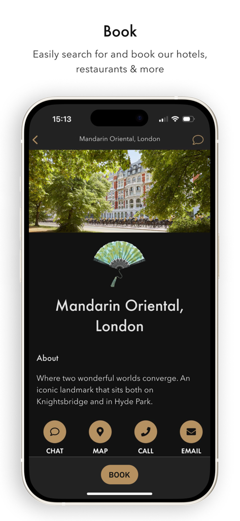 럭셔리 건물 사진과 연락 옵션이 있는 런던 호텔 예약 페이지를 보여주는 만다린 오리엔탈 모바일 앱 화면