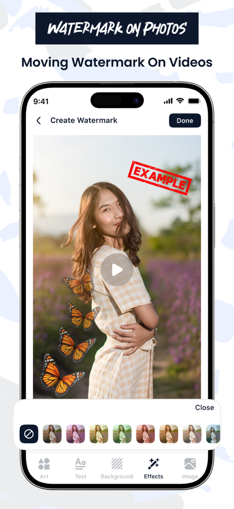 Add Watermark on Photos - iPhone screen displaying moving watermark on video feature with various editing filters and tools.