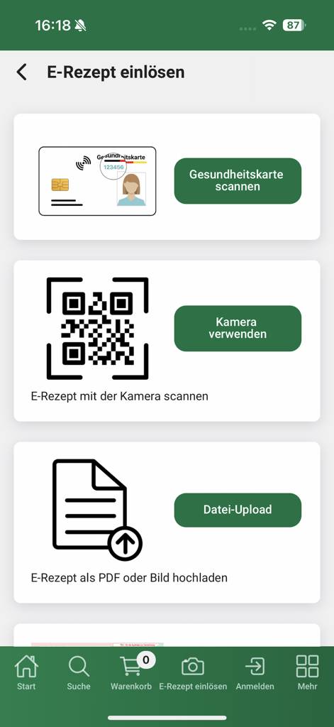 Klösterl-Apotheke - The Klösterl-Apotheke app interface for redeeming electronic prescriptions with options to scan a health card, use the camera, or upload a file.
