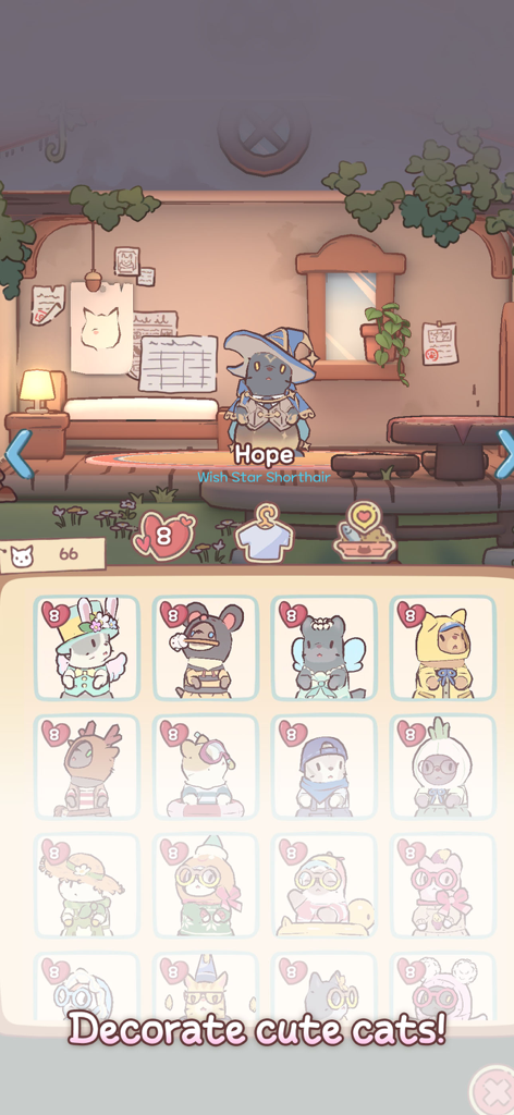 「Cats and Soup Magic Recipe」ゲームのためにグリッドに表示された、様々なおかしな衣装と服を着た愛らしい猫たちのコレクション。