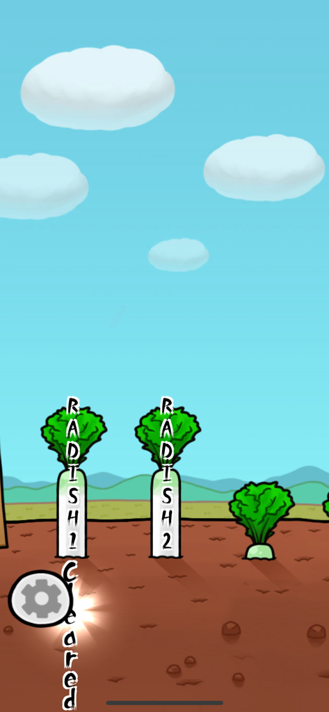 RadishGirl - Tela de seleção de nível mostrando rabanetes gigantes em um campo sob um céu azul.