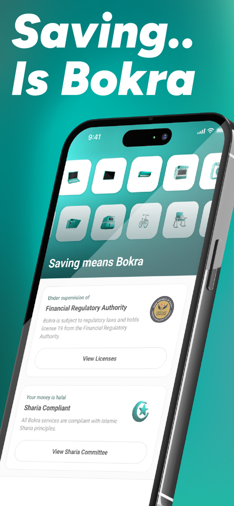 Bokra | بُكرة - Bokra app interface on a smartphone showing savings goals icons and information about Sharia compliance and FRA regulation.