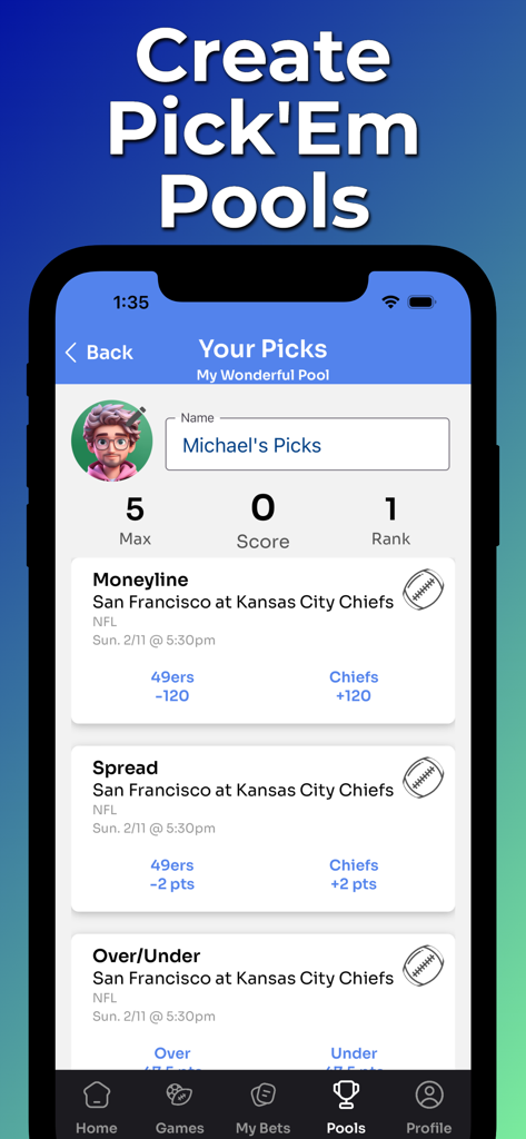 WagerLab - Place & Track Bets - WagerLab app interface for creating and managing sports betting pick em pools.