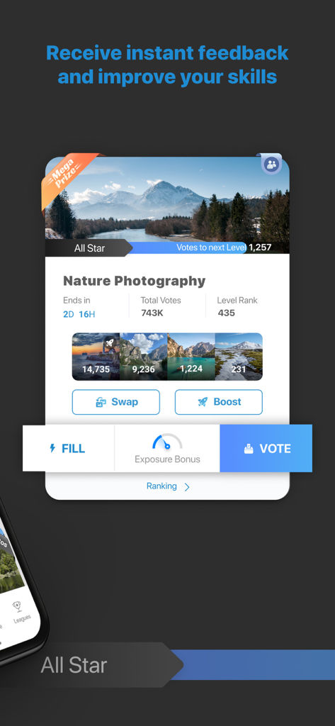 GuruShots: Photography Game - GuruShots app interface showing a nature photography challenge with voting and progress tracking