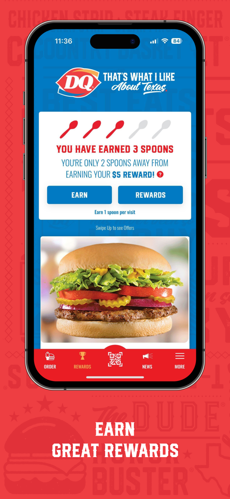 Texas Dairy Queen app rewards screen showing earned spoons and a burger image.