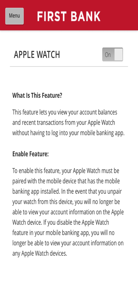 Einstellungen zur Apple Watch-Integration in der First Bank Mobile App