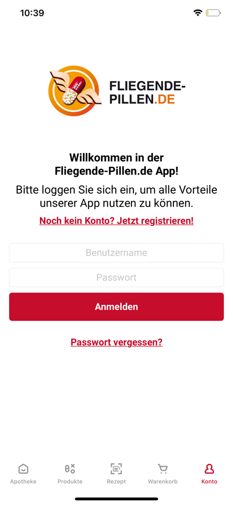 Fliegende-Pillen.de Apotheke - Anmeldebildschirm der Fliegende-Pillen.de Apotheken-App mit Feldern für Benutzername und Passwort sowie einer Anmeldeschaltfläche