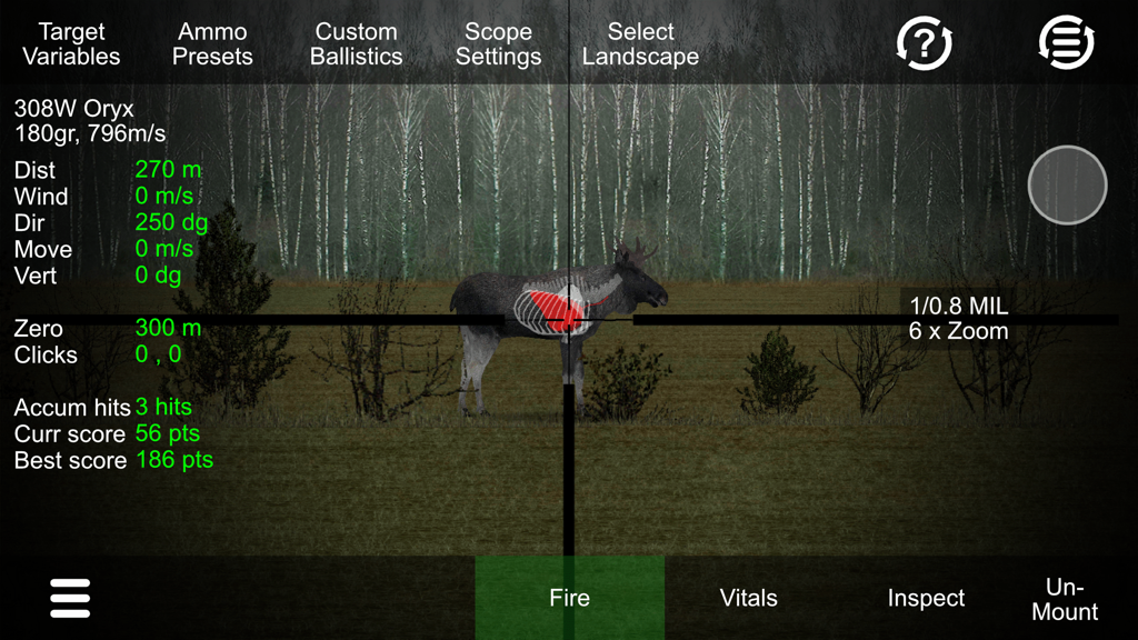 Hunting Simulator - Technical rifle scope view with moose vitals overlay and ballistics data