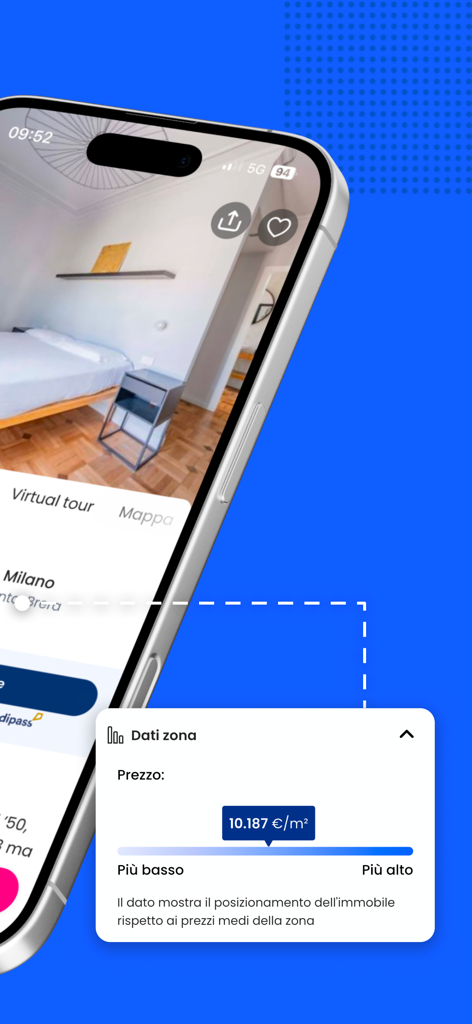Wikicasa - Cerca e vendi casa - Wikicasa mobile app displaying a bedroom listing in Milan with an overlay showing market price comparison for the area.