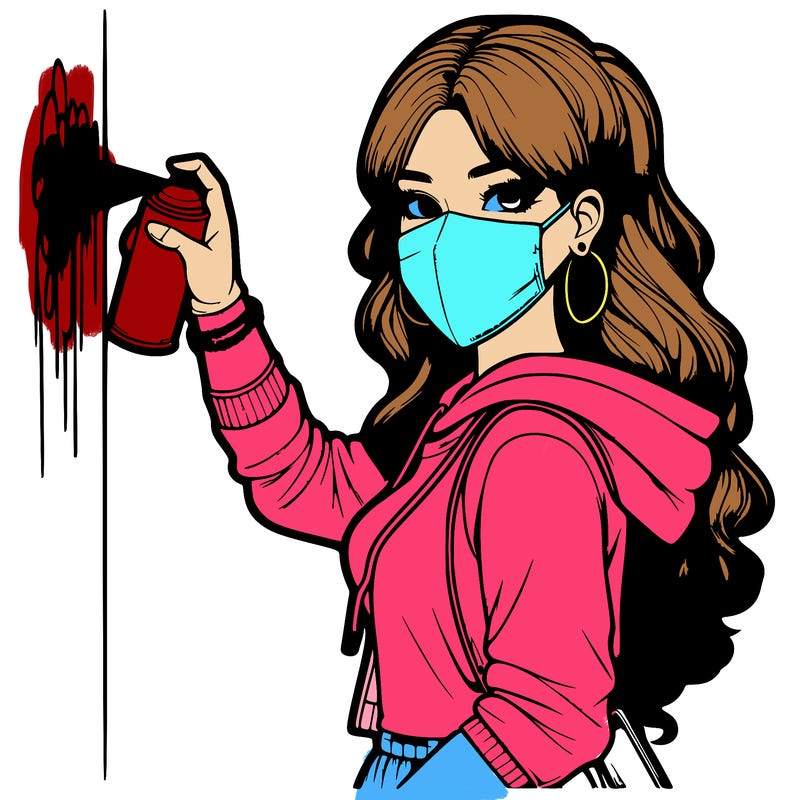 realistic girl with mask spray painting a wall