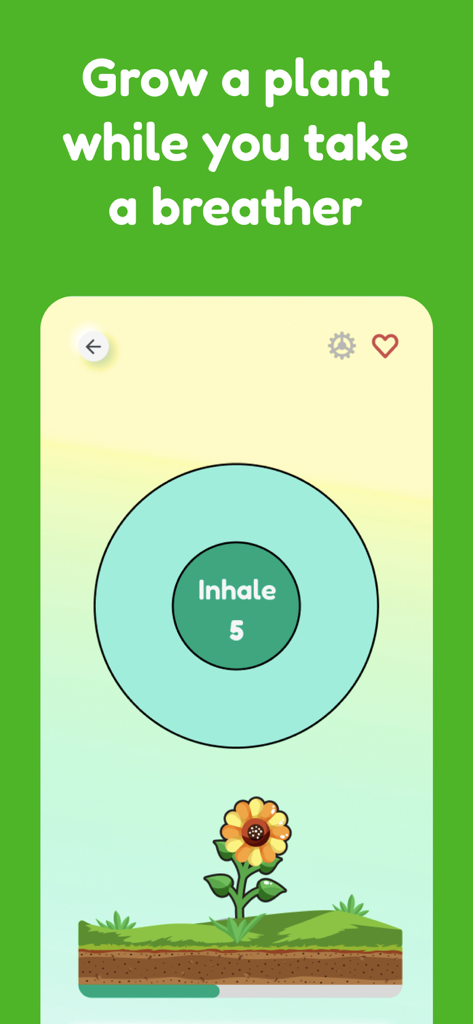 MindGarden app screen showing a guided breathing exercise with a growing sunflower.