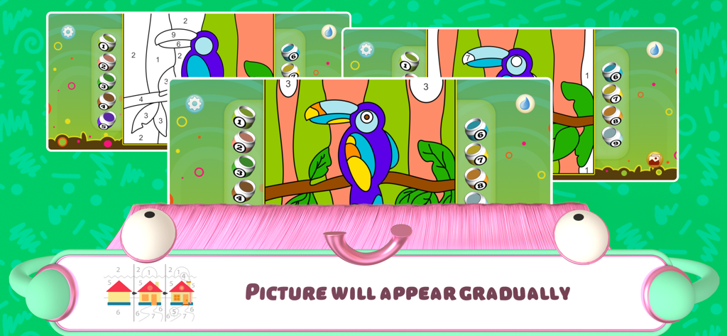 Color by Numbers - Animals + - Interface of the Color by Numbers Animals app showing a toucan being colored by number