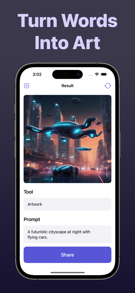 AI Image Generator - Flair - Flair AI app interface showing a futuristic cityscape generated from a text prompt
