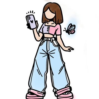 girl in baggy jeans and a butterfly crop top holding her phone