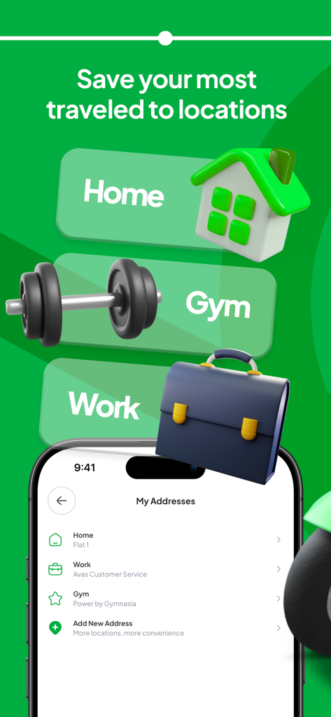 Interfaz de Avas App mostrando la función de direcciones guardadas para las ubicaciones de Hogar, Trabajo y Gimnasio.