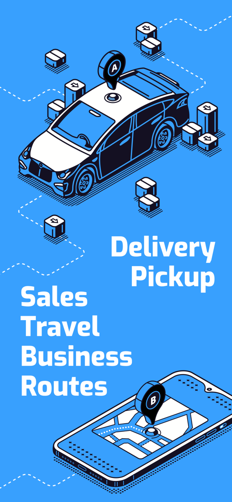 Route Planner, Delivery, MyWay - Isometric illustration of a delivery vehicle and a smartphone showing optimized routes for pickup and sales
