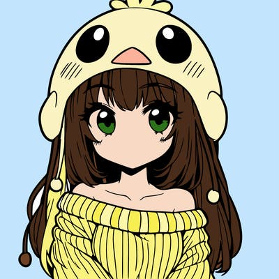anime girl with chick shaped hat with sweater with bare shoulders with bangs covering them one eye with low tail