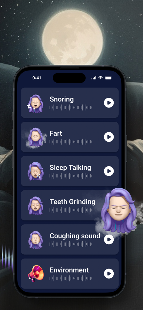 SleepTracker: Record & Improve - Oberfläche der SleepTracker-App, die verschiedene aufgezeichnete Nachtgeräusche wie Schnarchen und Husten anzeigt