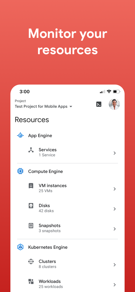 Interface de l'application mobile Google Cloud affichant la gestion des ressources pour App Engine et Compute Engine