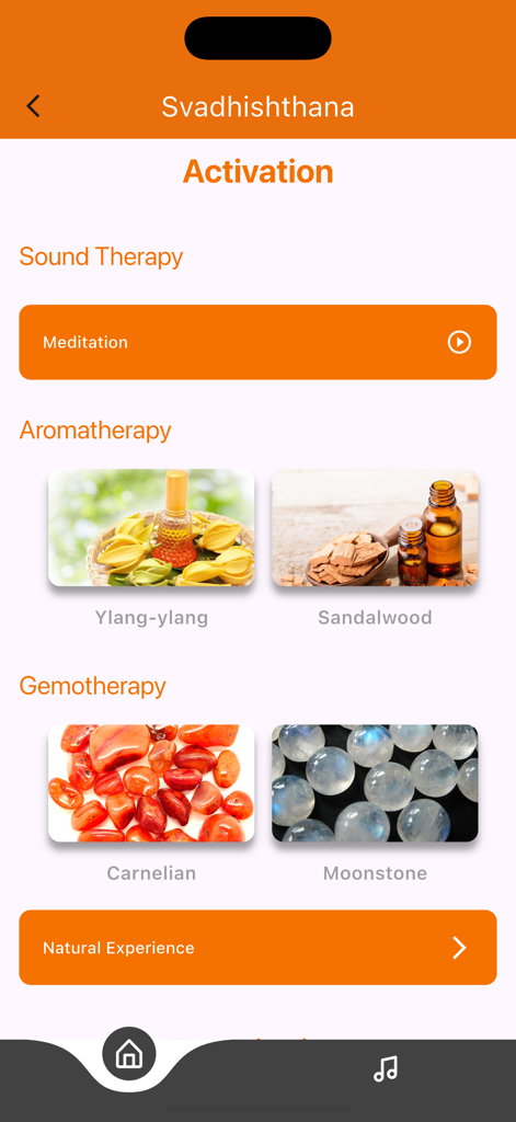 Chakras - Meditation & Healing - Pantalla de activación del chakra sacro Svadhisthana que presenta terapia de sonido, aromaterapia con aceites esenciales y gemoterapia con cornalina y piedra lunar.