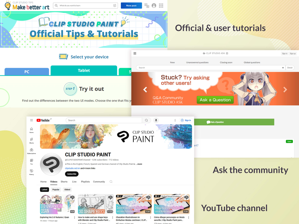 Clip Studio Paint - Screenshot showing Clip Studio Paint learning resources including official tutorials, a community Q&A forum, and their YouTube channel.
