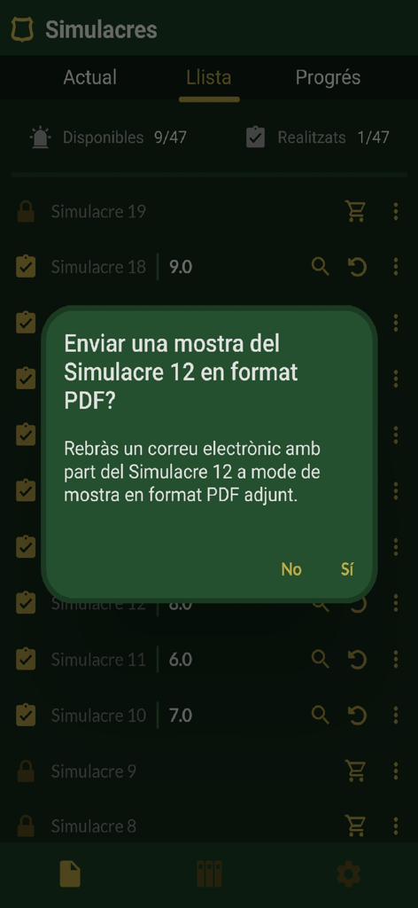 Uma janela pop-up no aplicativo Academia Agentes Rurais perguntando ao usuário se ele deseja enviar uma amostra de exame simulado em formato PDF.