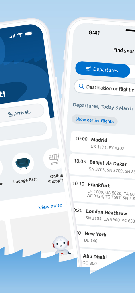 Brussels Airport - Interfaccia dell'app dell'Aeroporto di Bruxelles che mostra l'elenco delle partenze dei voli e opzioni di viaggio come il pass lounge