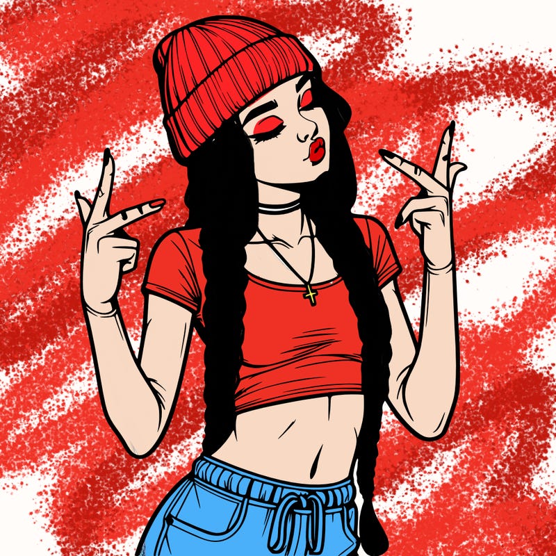 realistic teenage girl with braids and a beanie and crop top doing 🫶🏼
