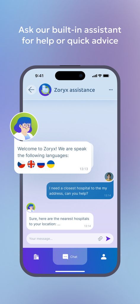 ZORYX - Zoryx app chat interface featuring an AI assistant helping a user find the nearest hospital in Prague