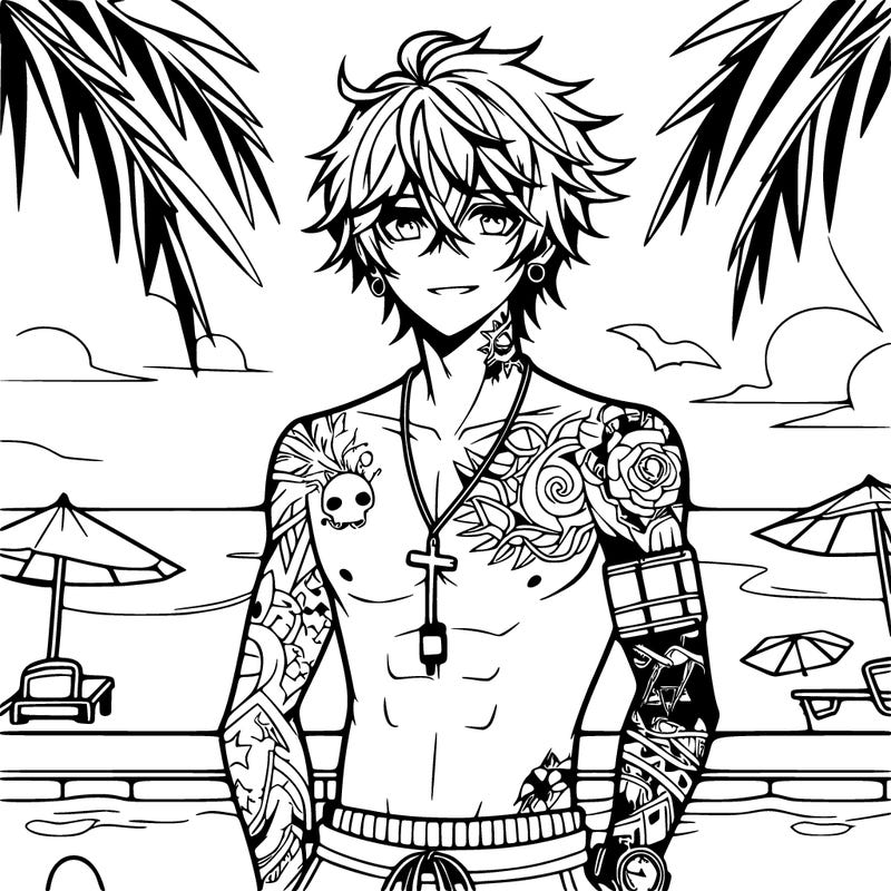 anime boy with messy hair tattos and piercings wearing a watch no shirt abs wearing swimming trunks at a pool