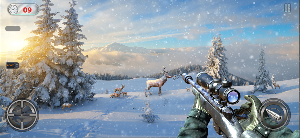 Deer Hunting Sniper 3D - Egoperspektive eines Snipers, der ein Reh in einer verschneiten Bergwaldlandschaft jagt