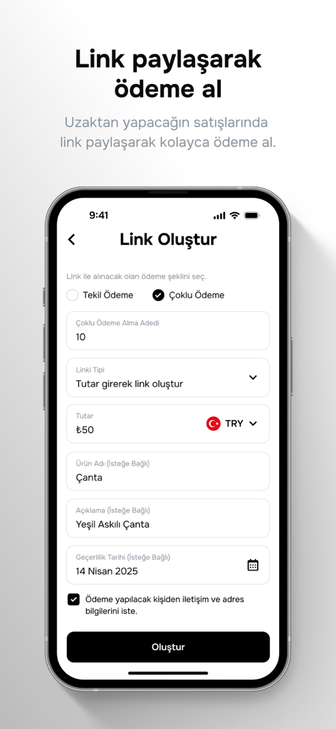 Papara Ticari - Interface of Papara Ticari app showing how to create a payment link for business transactions