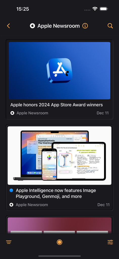 Feedero - Feedero app interface showing curated Apple Newsroom articles in dark mode