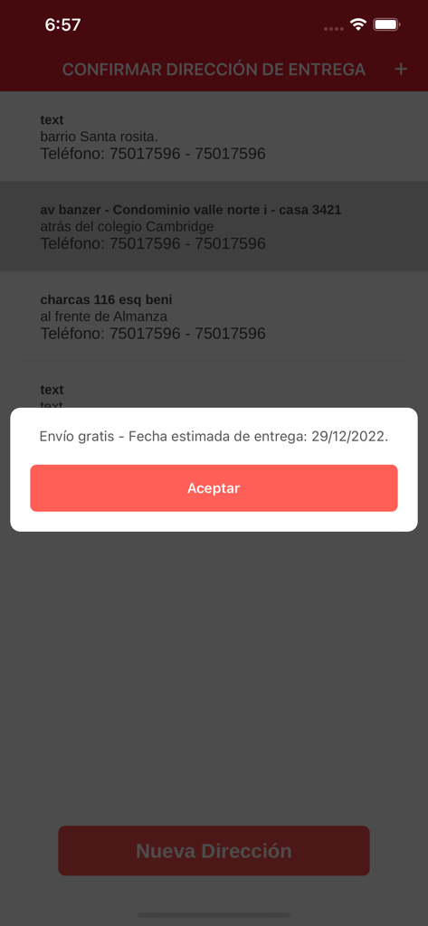 Mixo app screen for confirming delivery address with a free shipping notification modal.