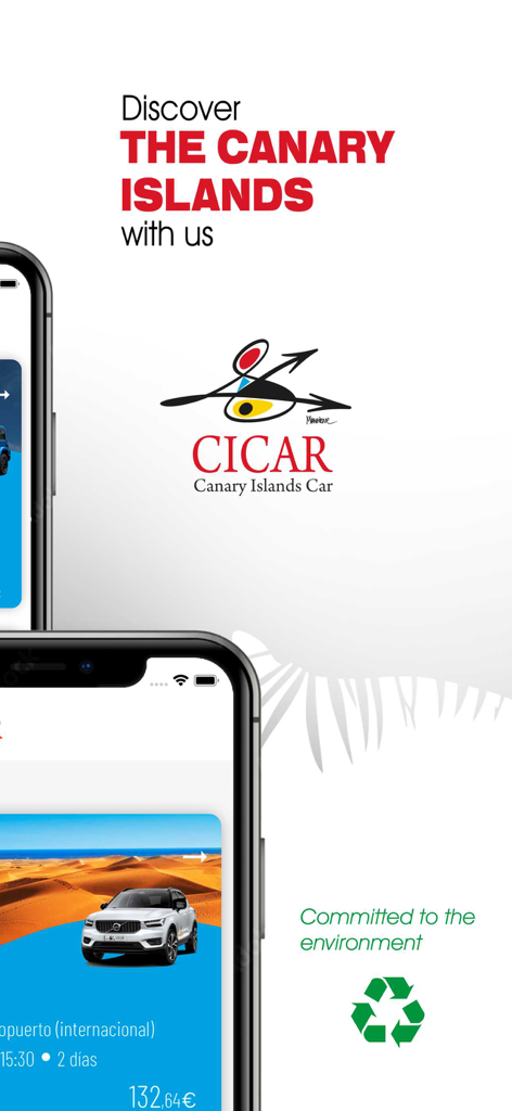 Cicar - Interfaz de la app de alquiler de coches Cicar para Canarias con un logo de compromiso medioambiental