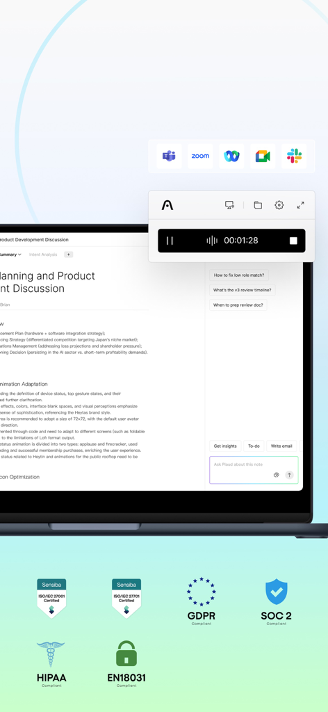 Plaud: AI Notetaker - Plaud AI Notetaker desktop interface showing meeting recording tools and security certification badges including HIPAA and GDPR.
