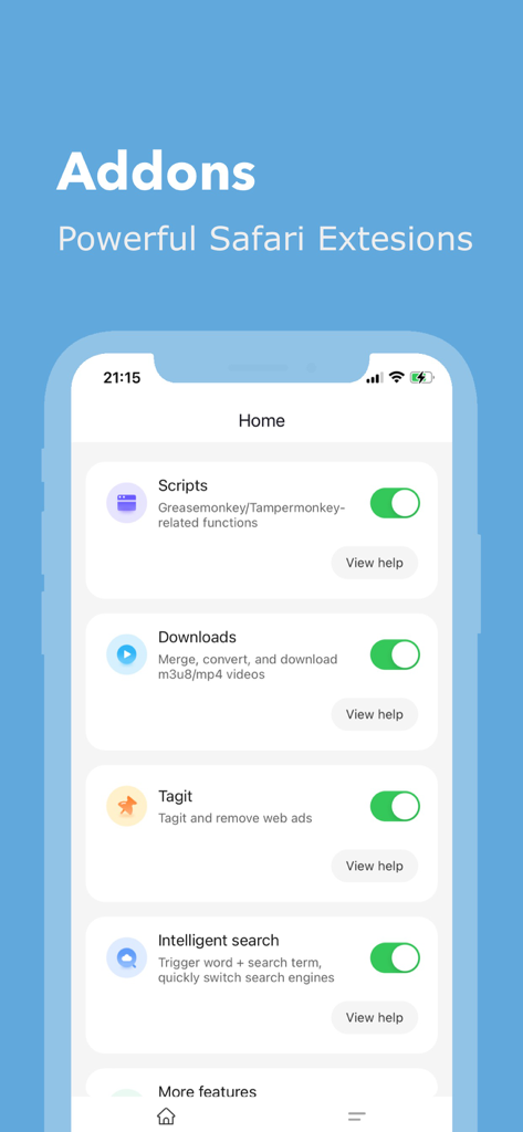 Addons - Scripts & Adblock - The home screen of the Addons app for Safari showing various browser extension features like scripts and ad blocking