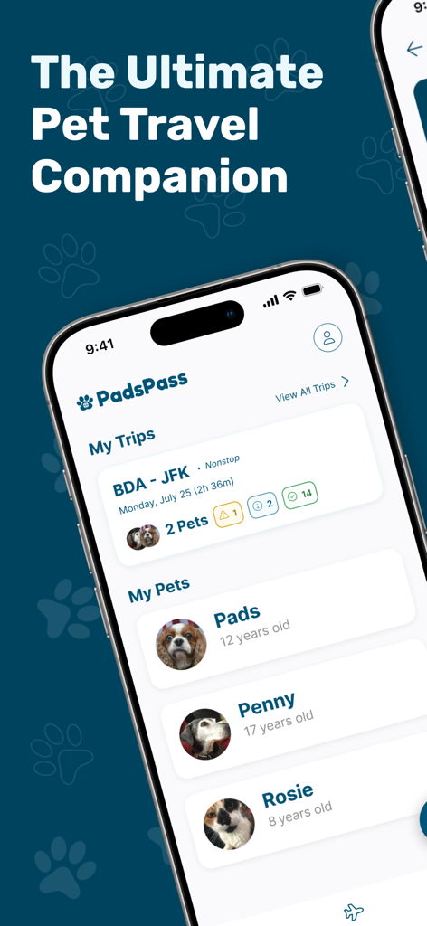 PadsPass - PadsPassモバイルアプリのインターフェイス。バミューダからニューヨークへのペット旅行と、登録されたペットのリストが表示されています。