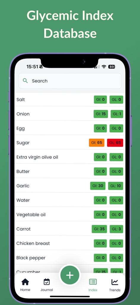 Glycemic Index Tracker LOGI - A mobile screen showing a searchable database of foods with their glycemic index and glycemic load values.