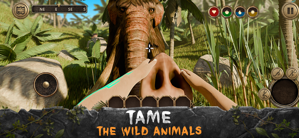 Survival Island: EVO Adventure - Perspektive aus der Ich-Perspektive eines Spielers, der ein Mammut in Survival Island EVO Adventure zähmt