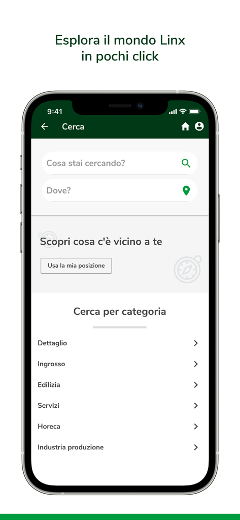 Io Pago Linx - Pantalla de búsqueda de la aplicación Io Pago Linx para encontrar negocios y servicios locales por categoría o ubicación