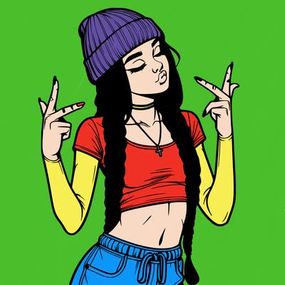 realistic teenage girl with braids and a beanie and crop top doing 🫶🏼