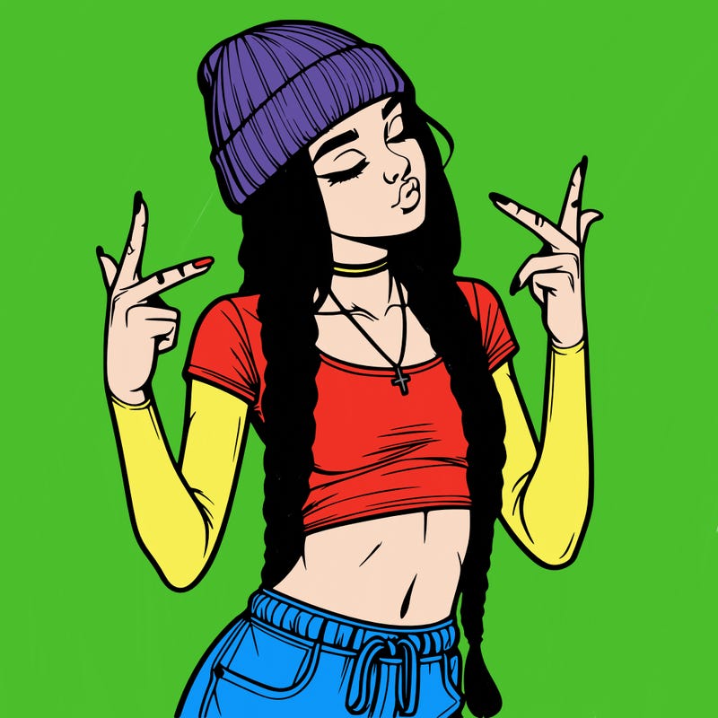 realistic teenage girl with braids and a beanie and crop top doing 🫶🏼