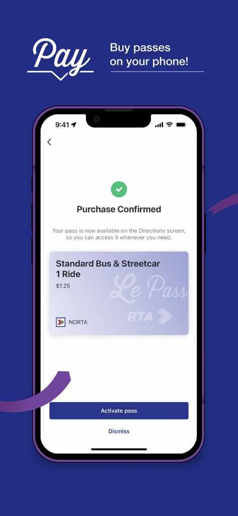 Écran de l'application RTA Le Pass montrant un achat confirmé pour un trajet standard en bus et tramway à La Nouvelle-Orléans.