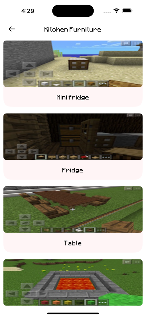 Furniture Guide for Minecraft! - A mobile app screen showing various kitchen furniture designs for Minecraft including a mini fridge and a wooden table